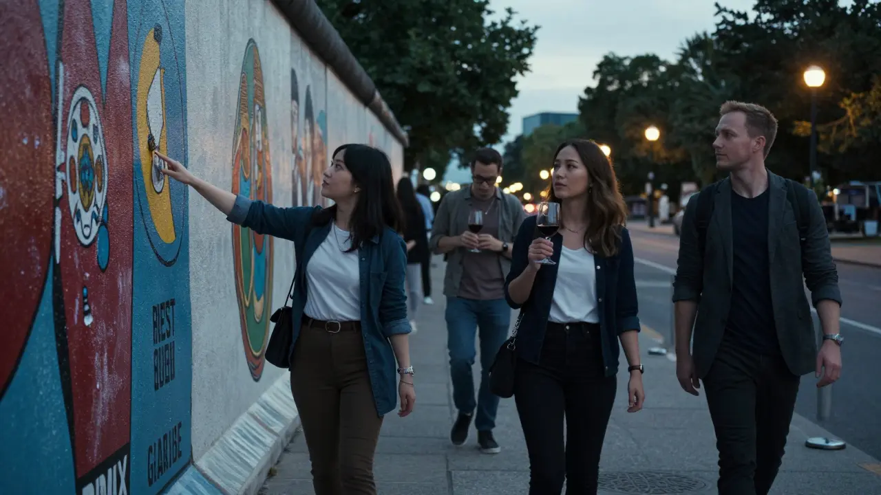 Three travelers experience personalized Berlin outings with companions: a gallery tour, wine tasting, and nighttime walk.