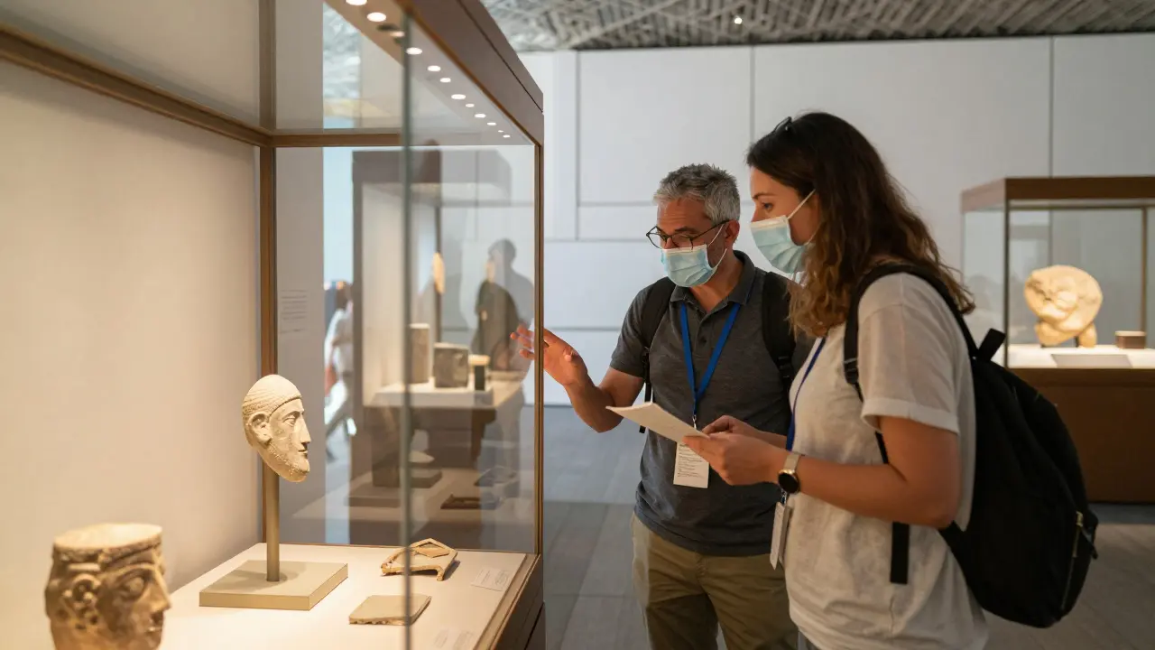 Tourist and licensed docent examining artifacts at Louvre Abu Dhabi museum