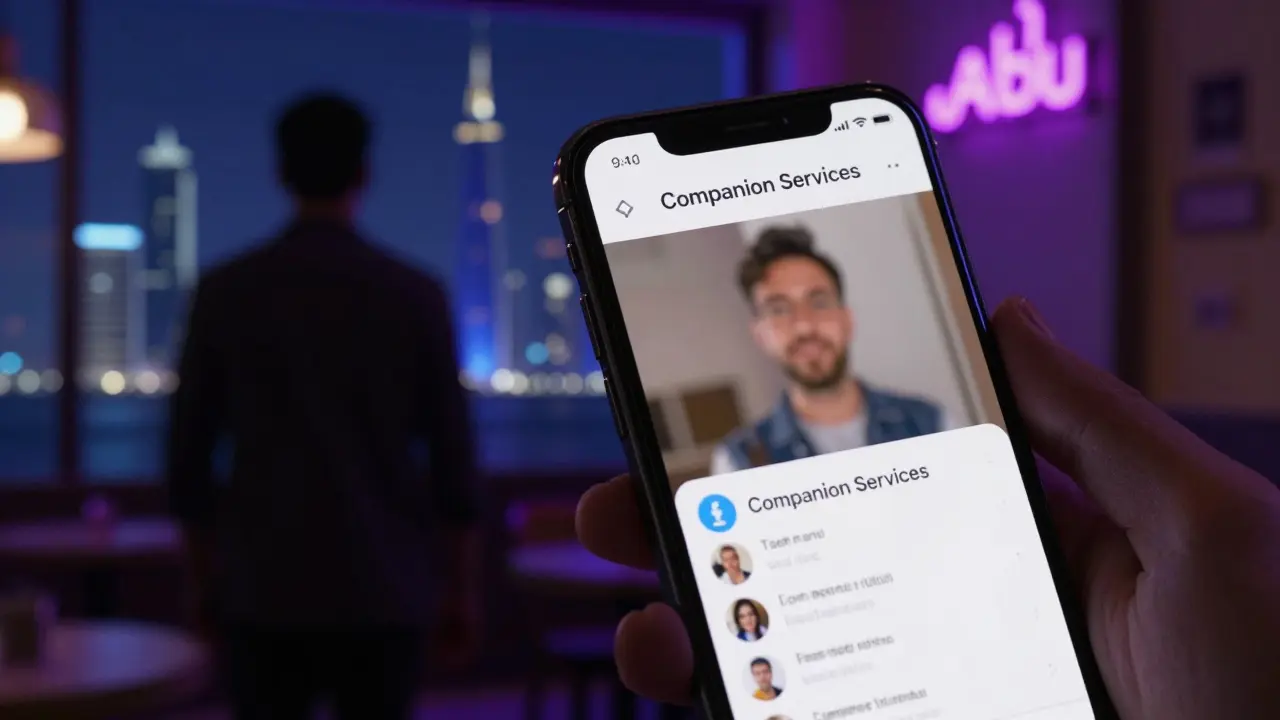 Tourist viewing blurred social media profile on phone in café, shadowy figure approaching