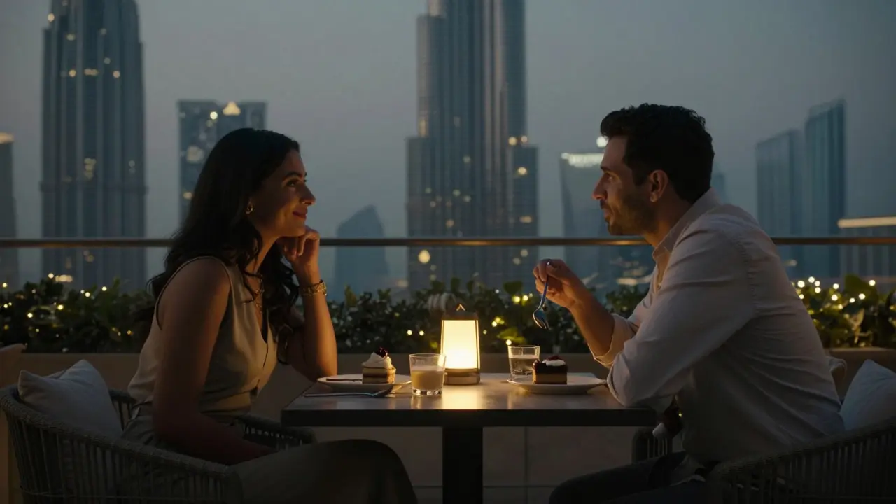 Two people share a quiet dessert at a hidden rooftop lounge, immersed in calm conversation under warm lantern light.