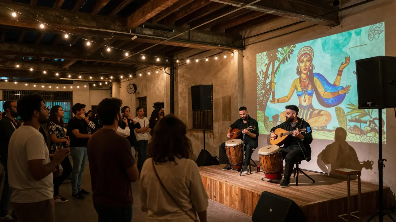Underground venue in Alserkal Avenue with musicians blending Syrian oud and Brazilian percussion, diverse crowd dancing under projection lights.