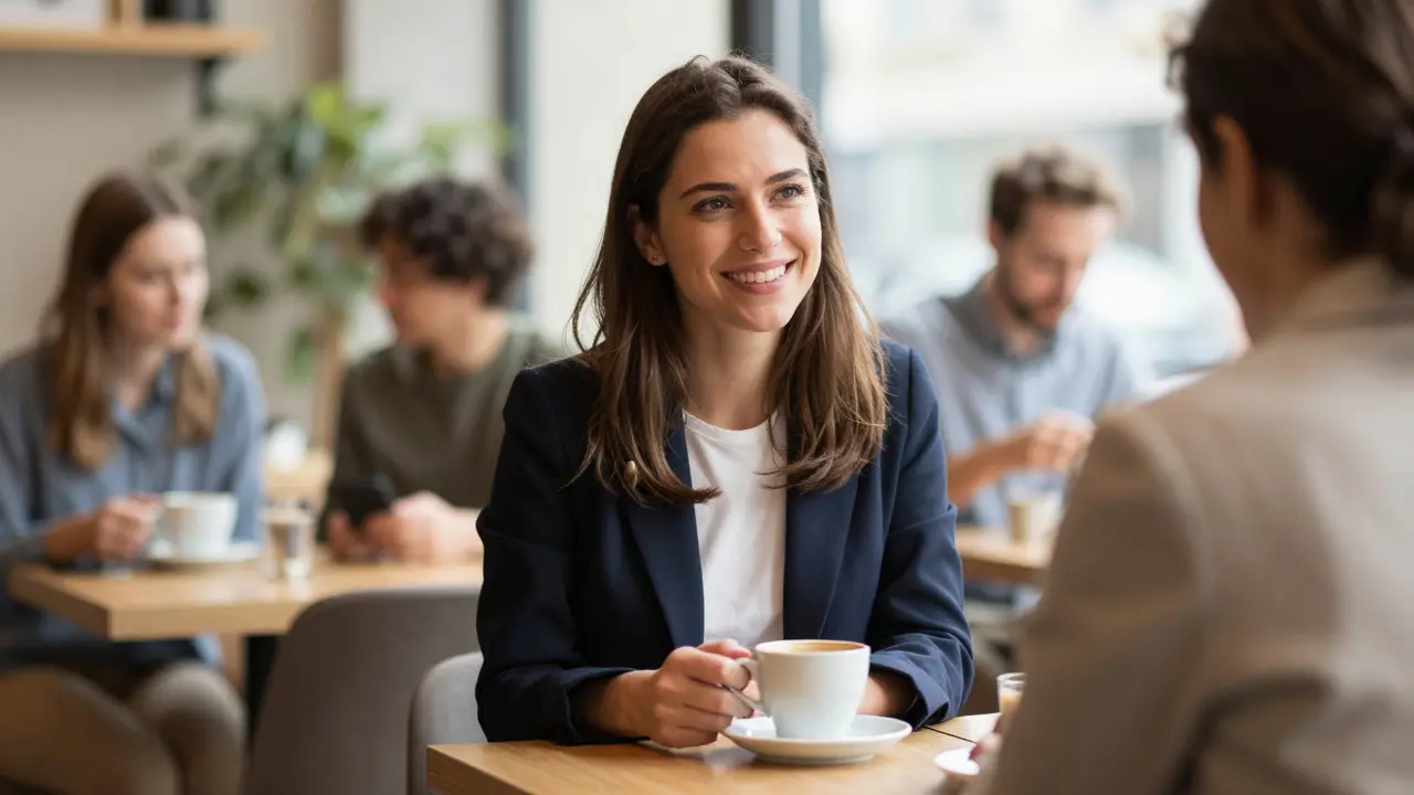 Woman at Berlin café table during public meeting, coffee in hand