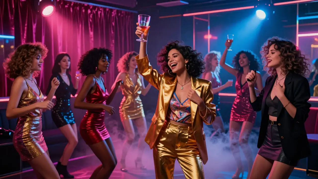 Women dancing in a neon-lit Parisian club with velvet curtains and mirrored walls.