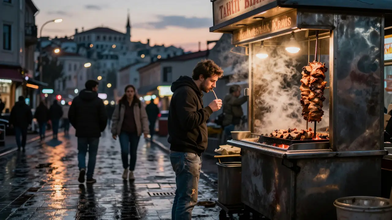 A 4 a.m. kebab stall with steam rising as a lone eater stands near glowing embers at dawn.