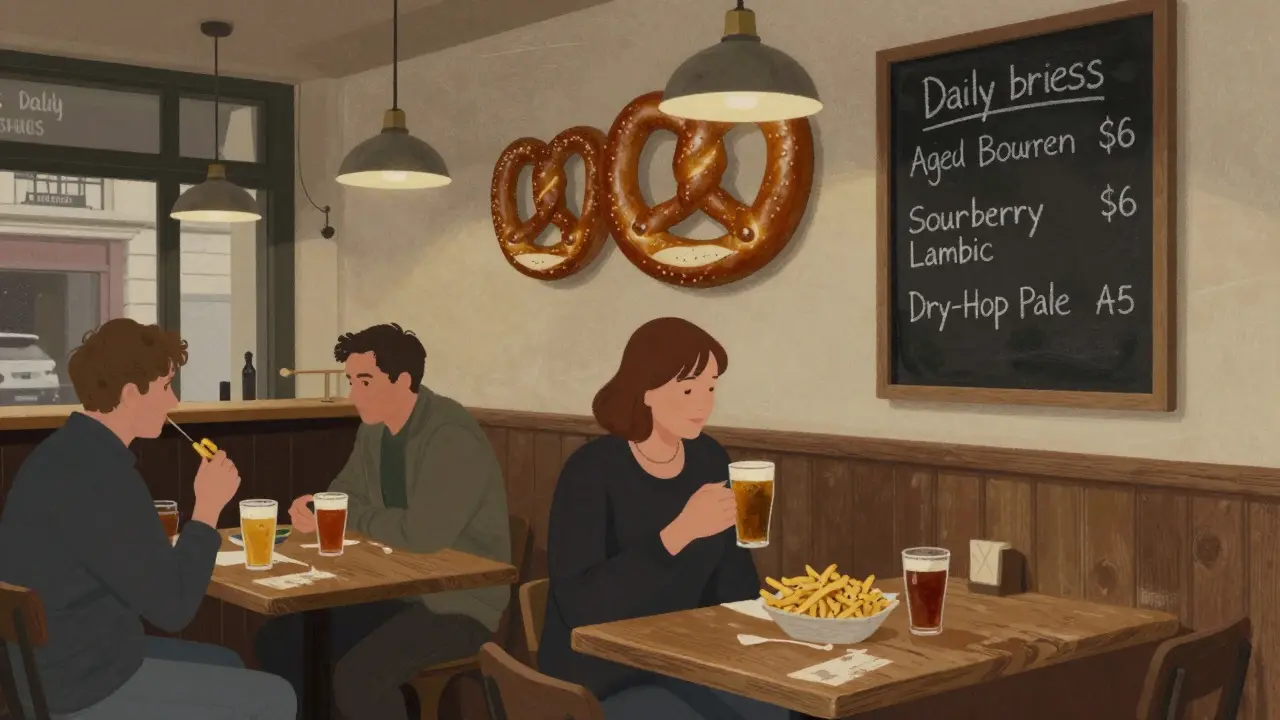 A casual beer bar in Paris serving house-made snacks and daily rotating brews, with no tourists, just locals enjoying the atmosphere.