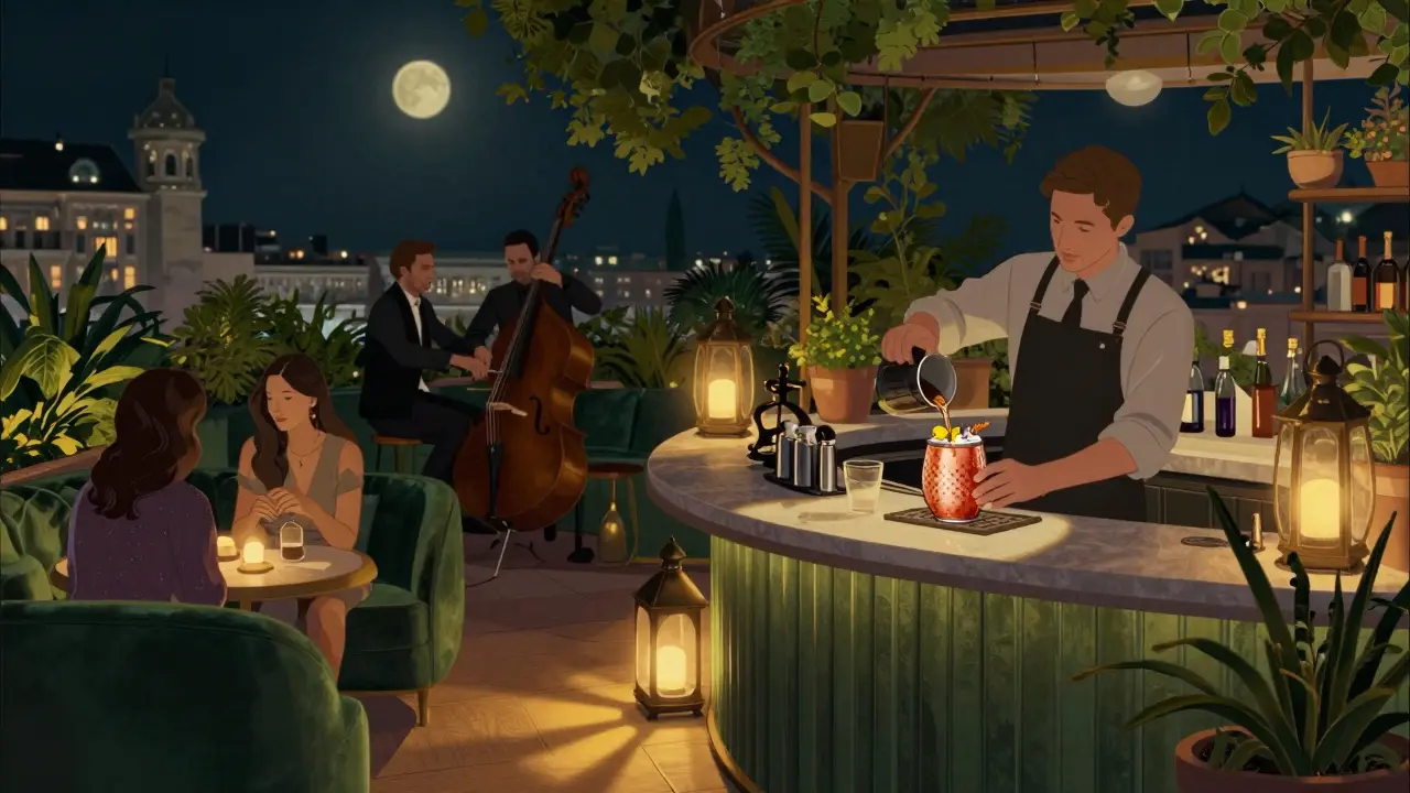 A cozy rooftop bar with lanterns, velvet couches, and a mixologist crafting a cocktail at night.