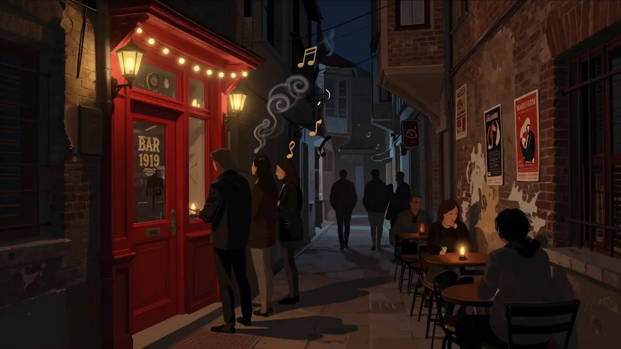 A dimly lit alley outside Bar 1919 with a red door and people waiting under string lights.