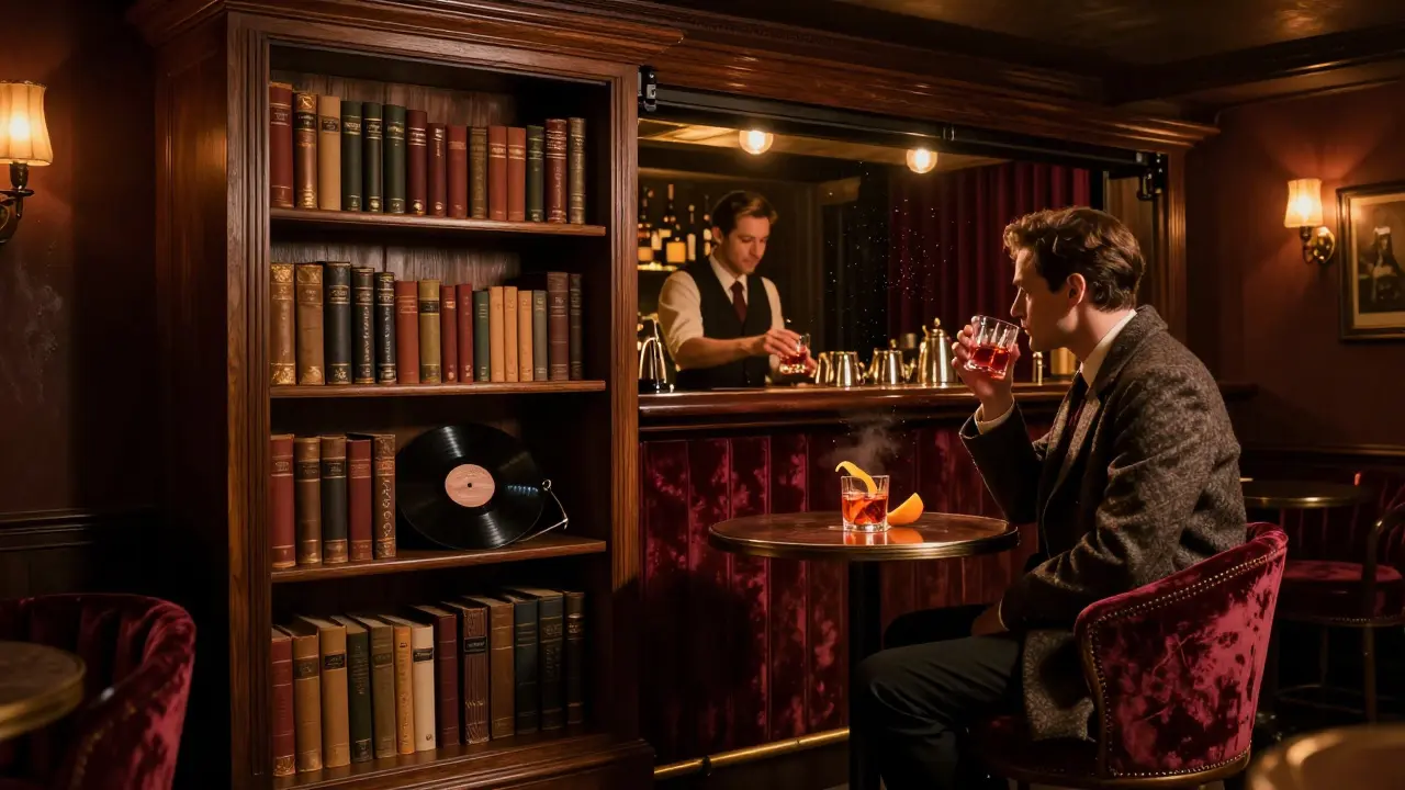 A hidden speakeasy revealed behind a bookshelf, lit by warm amber light with a bartender and Negroni.