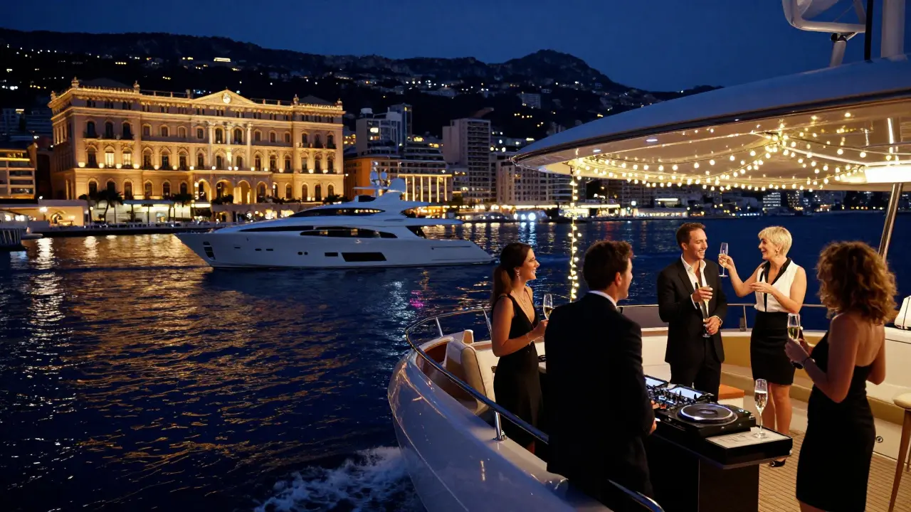 A luxury yacht sailing past Monaco’s lit palace at night, guests enjoying drinks on deck.