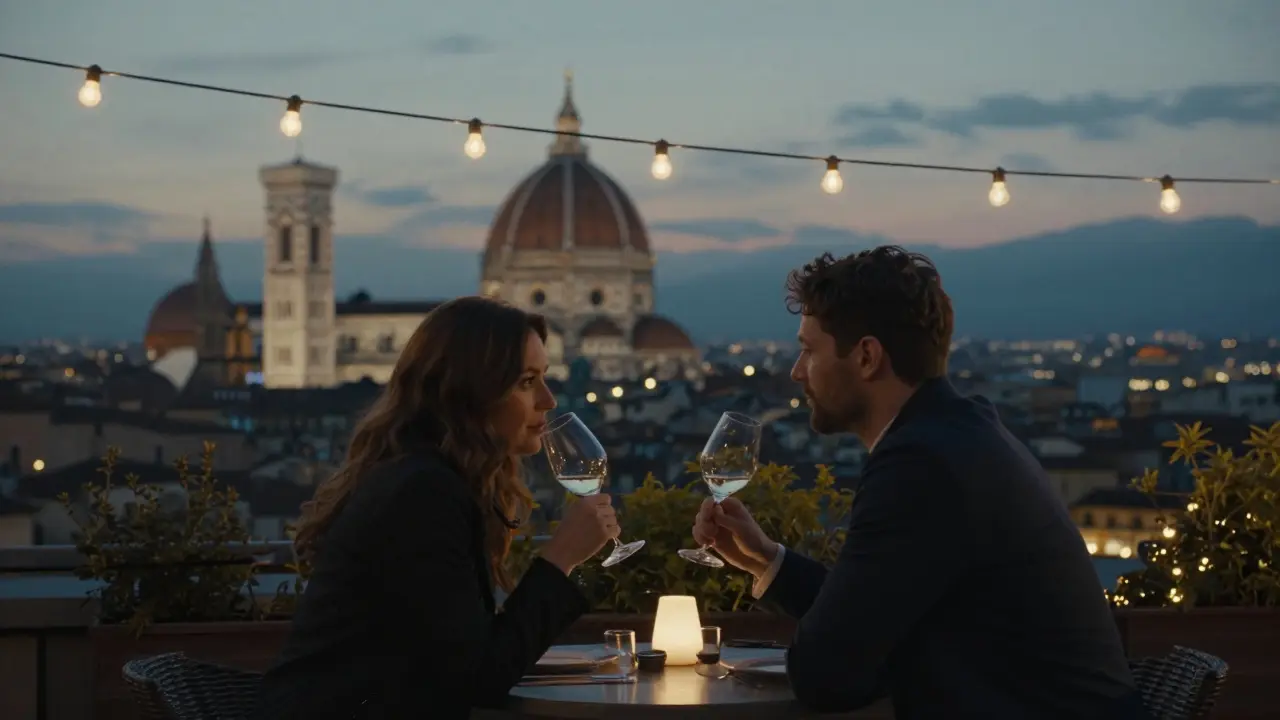 A man and woman enjoy wine on a rooftop garden in Milan as the Duomo glows in the twilight behind them.