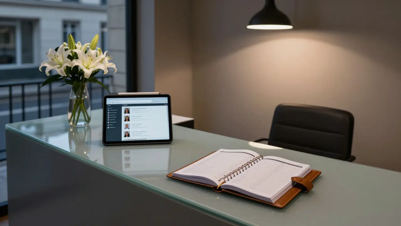 A minimalist Parisian escort agency reception area with a tablet, booking log, and white lilies under soft ambient lighting.
