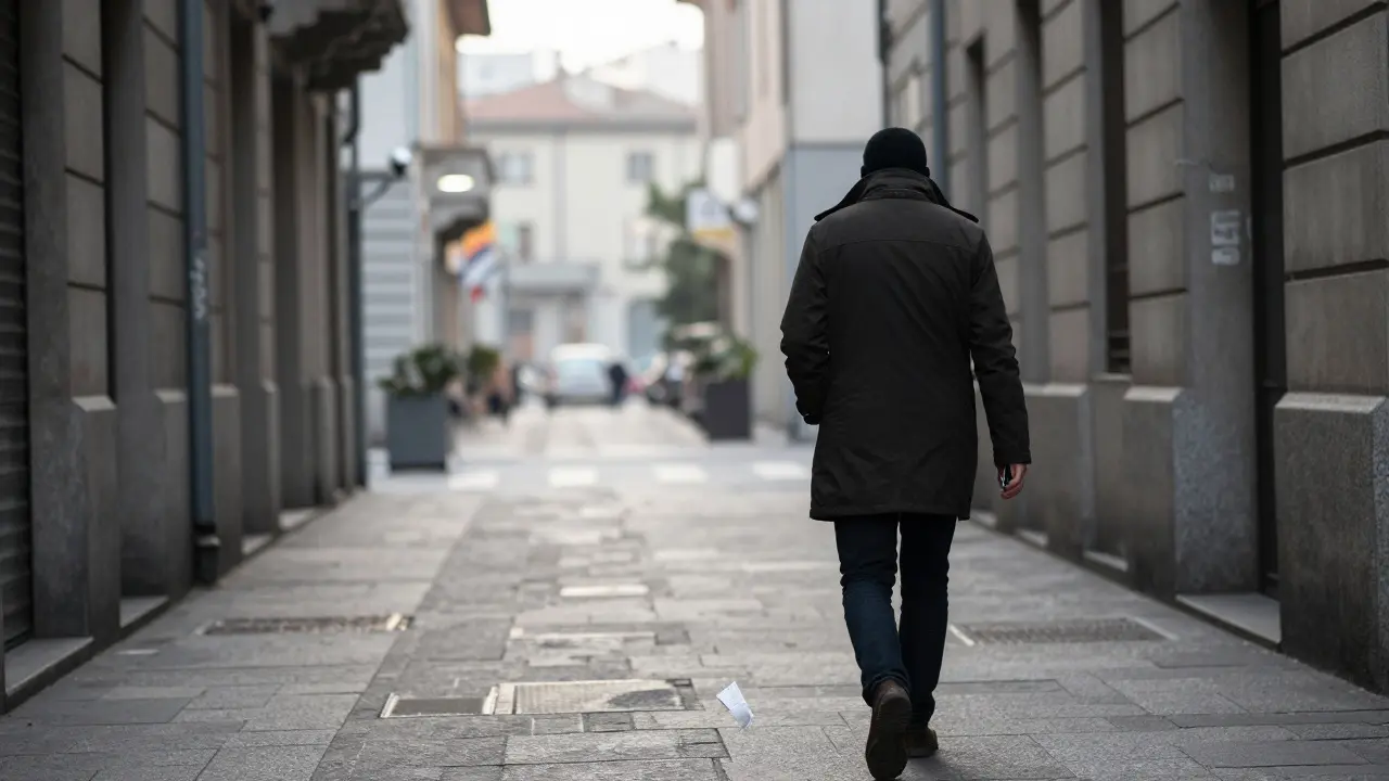 A person walking away down a dim Milan alley at dawn, coat up, phone in pocket, surveillance cameras faintly visible in background.