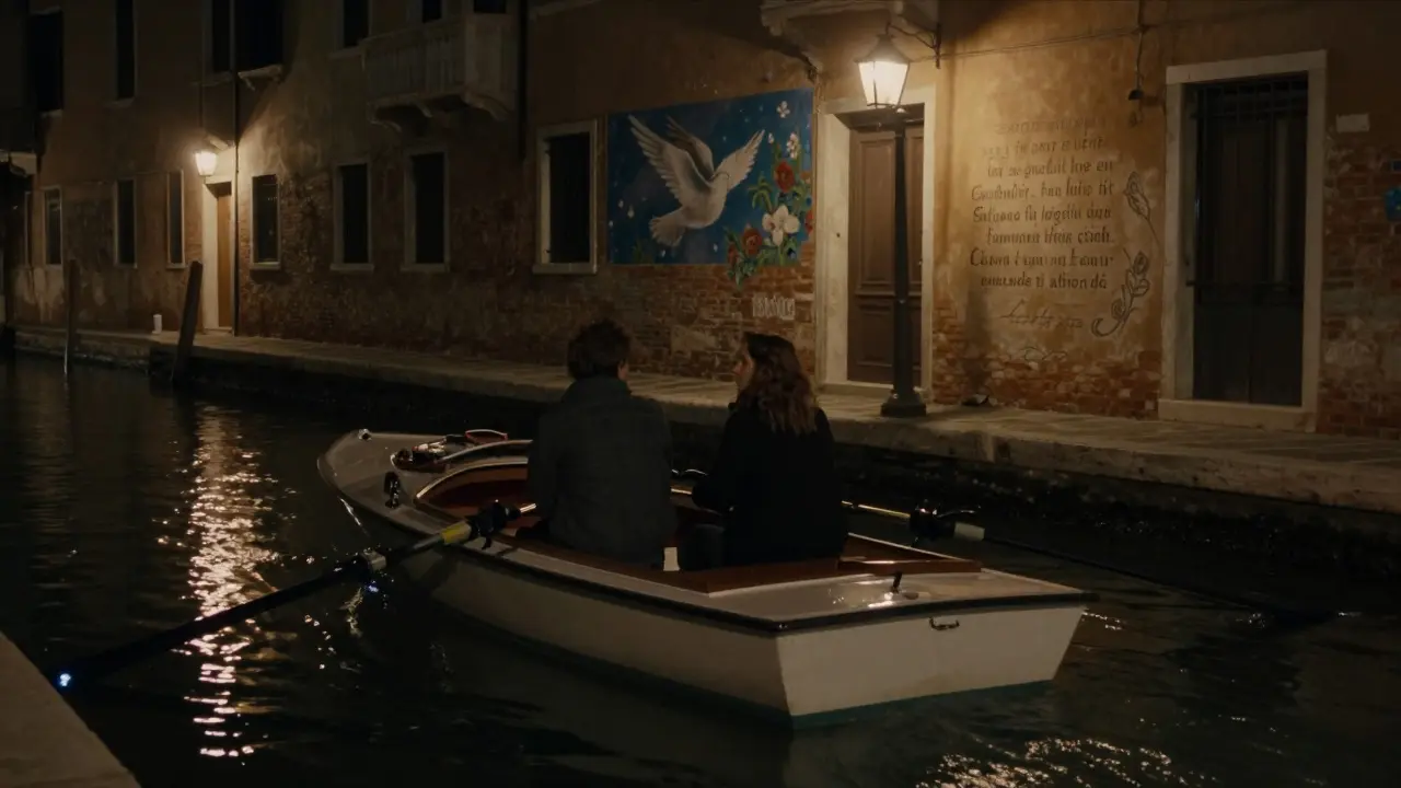 A private boat floats silently along a canal at night, illuminated murals reflected on dark water.