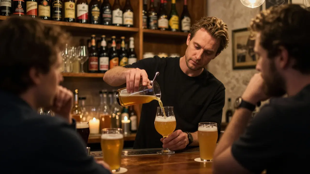 A quiet beer bar where a bartender pours a citrusy saison, surrounded by regional craft beer bottles and soft candlelight.