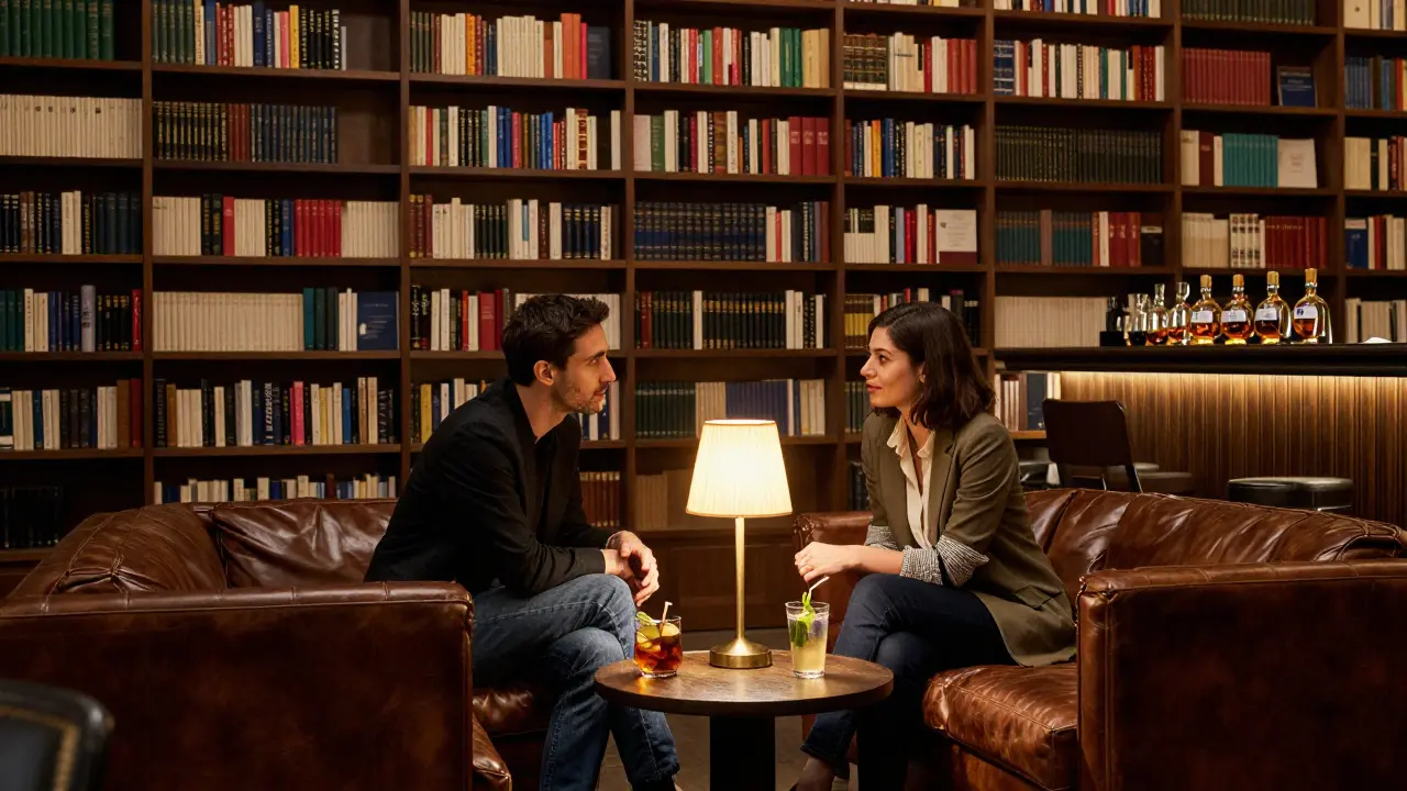A quiet conversation in a members-only lounge filled with books and soft lighting.
