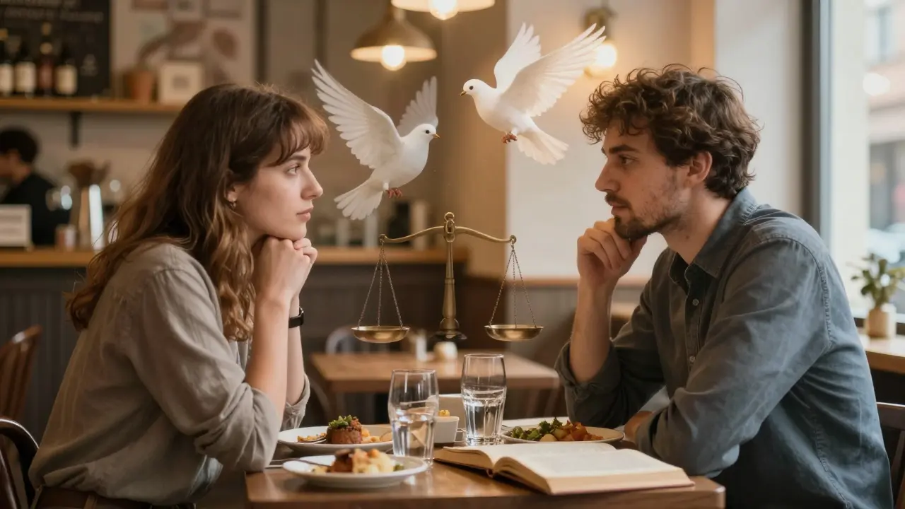 A quiet dinner in a Berlin café blends with symbols of freedom and dignity, representing consensual companionship.