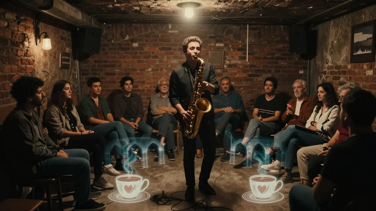 A saxophonist plays in a dim basement bar as ghostly Ottoman and Byzantine elements subtly blend into the floor beneath the crowd.