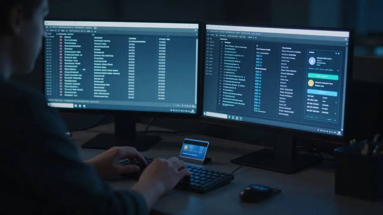 A secure digital workspace with encrypted interfaces and blockchain transaction logs glowing on monitors.