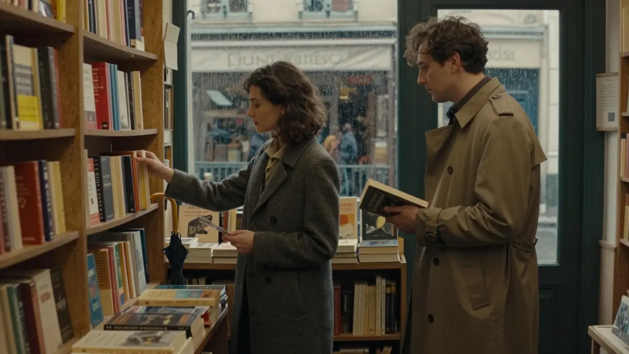 A woman and man in a quiet Parisian bookshop, both immersed in books, rain visible on the window behind them.