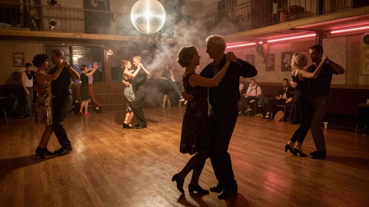 An elderly couple leading a dance on a worn wooden floor in a historic Parisian ballroom under a disco ball.