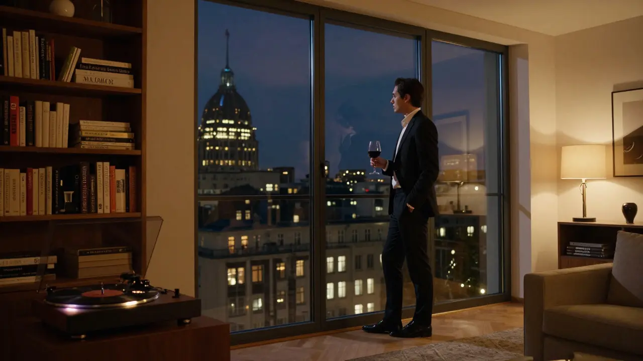 An elegantly dressed individual in a luxurious Berlin apartment, gazing at the city skyline with a glass of wine.