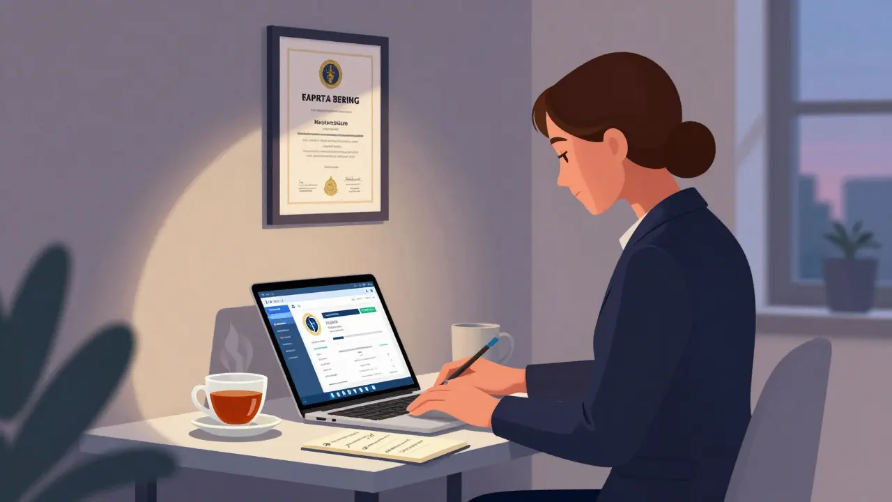 An escort works professionally in a Berlin apartment, with registration documents visible on the wall.