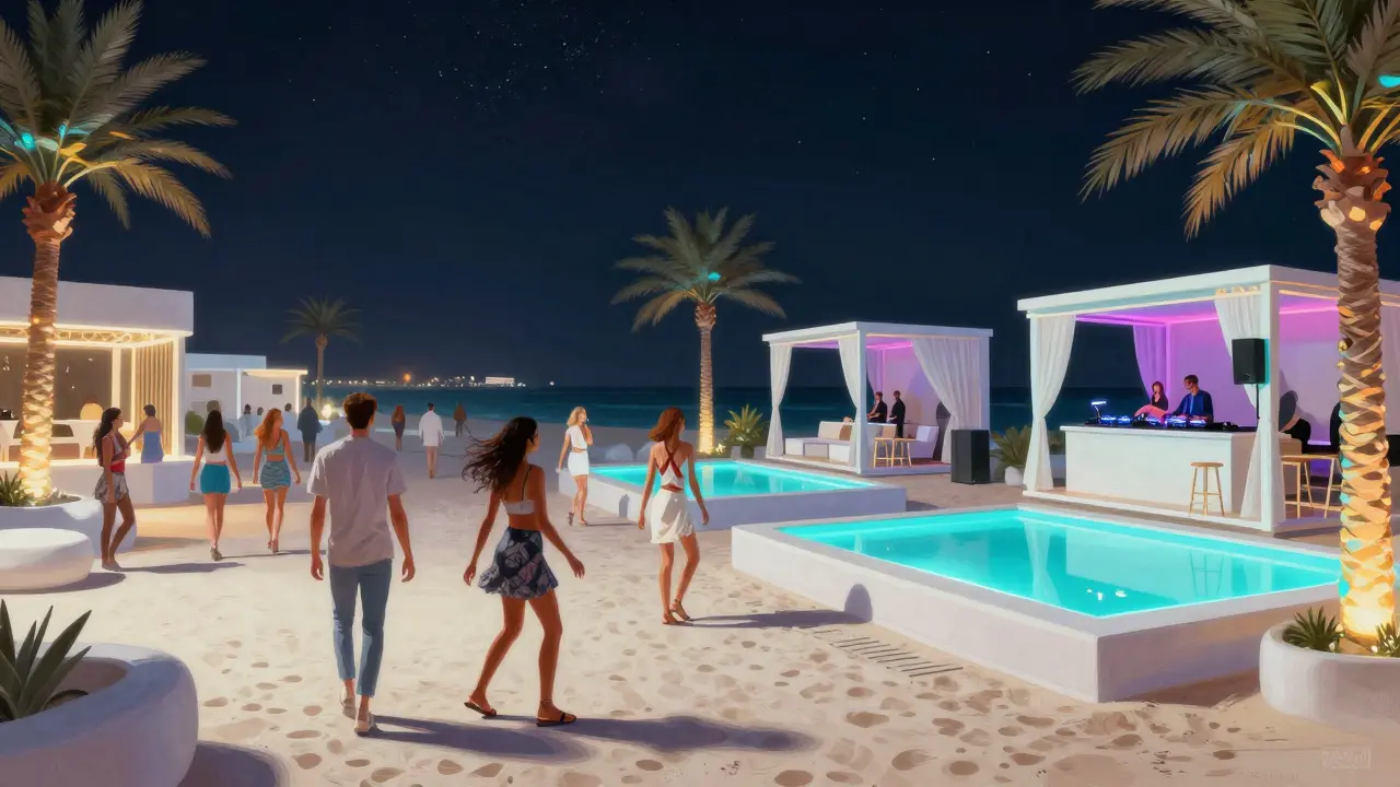 Beach club White Dubai at night, guests dancing from sand to dance floor under stars, private cabanas with pools and neon palm trees lining the scene.