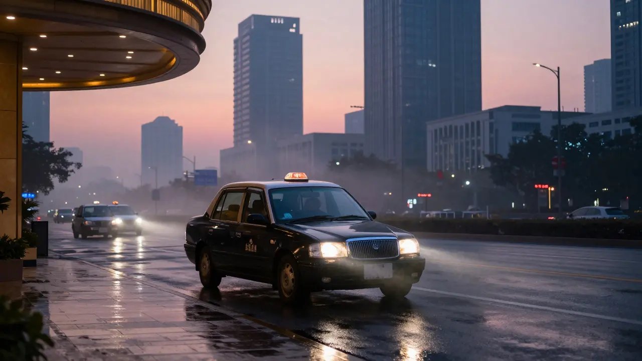Black taxi leaving a hotel entrance at dawn in a city street.