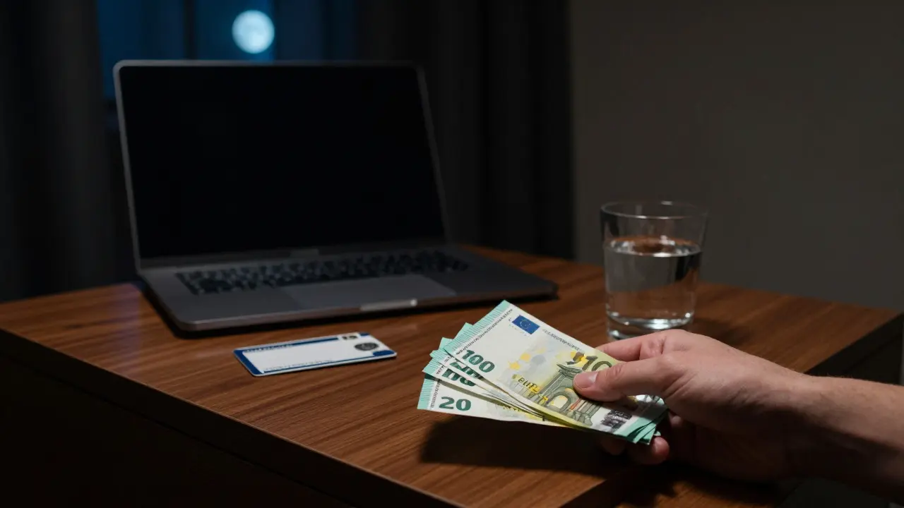 Cash on a nightstand in a quiet hotel room, keycard and water beside it, no people, moonlight through blackout curtains.