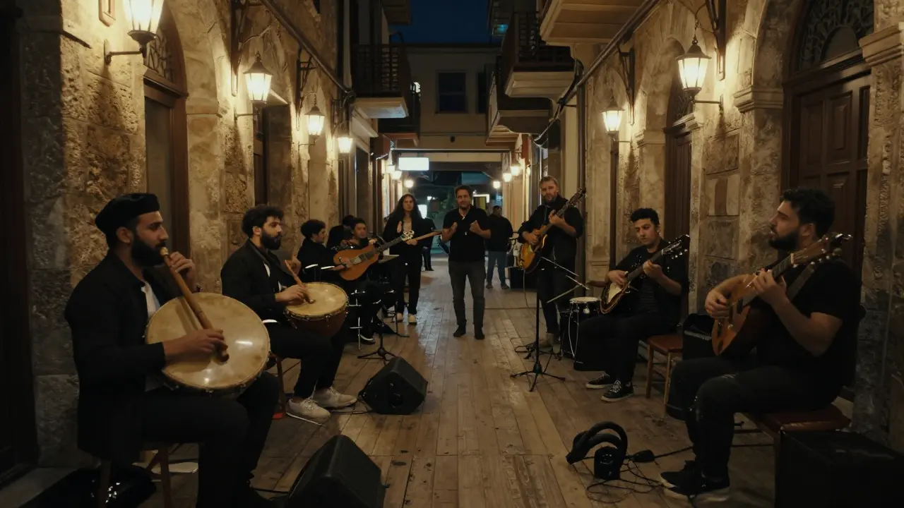 Çiçek Pasajı at night with Kurdish folk and Turkish punk bands performing in a narrow stone arcade.