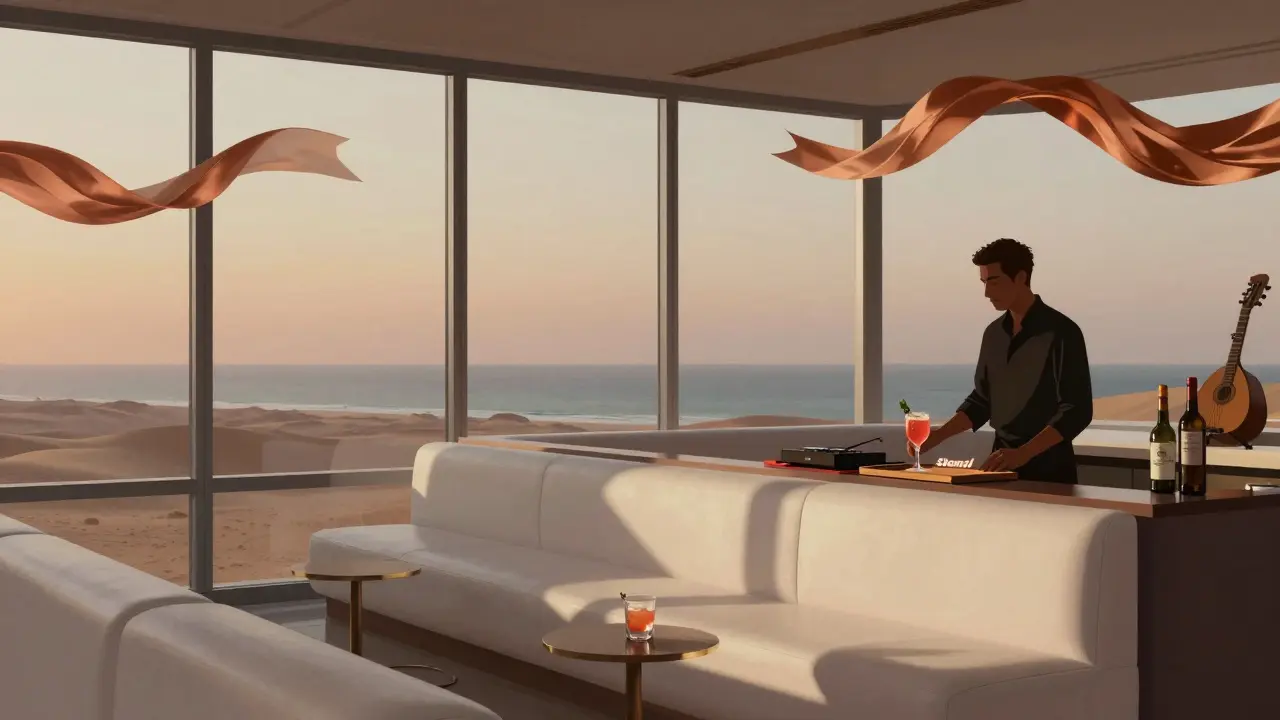 Cielo Sky Lounge offers panoramic views of the Arabian Gulf at sunset with elegant seating and crafted cocktails.