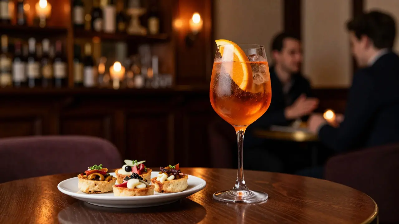 Close-up of cocktails and aperitivo snacks on a wooden bar table.