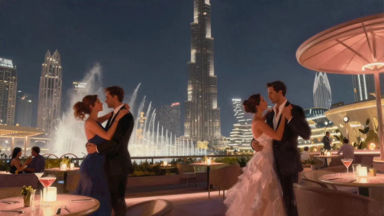 Elegant rooftop lounge at Skyview Dubai with couples dancing as the Burj Khalifa glows in the background, cocktails in hand under soft ambient lighting.
