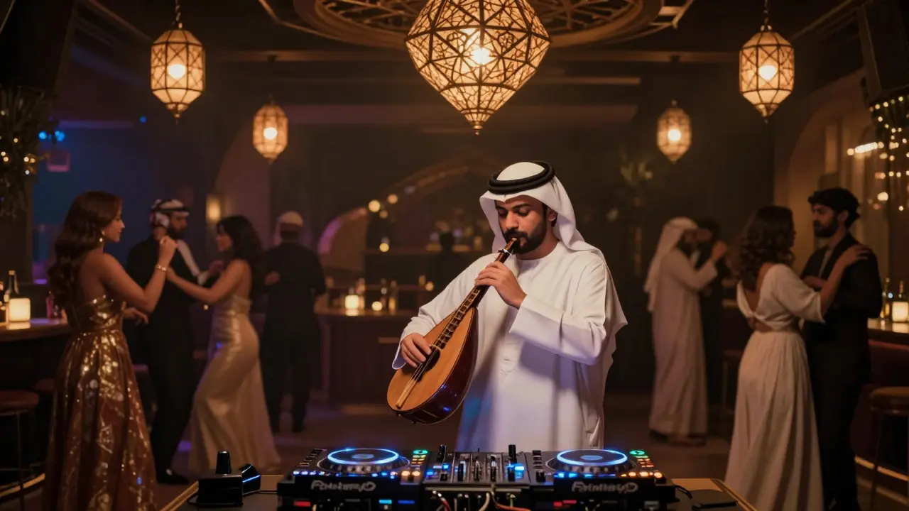 Emirati DJ blending traditional oud with electronic music in a refined nightclub setting.