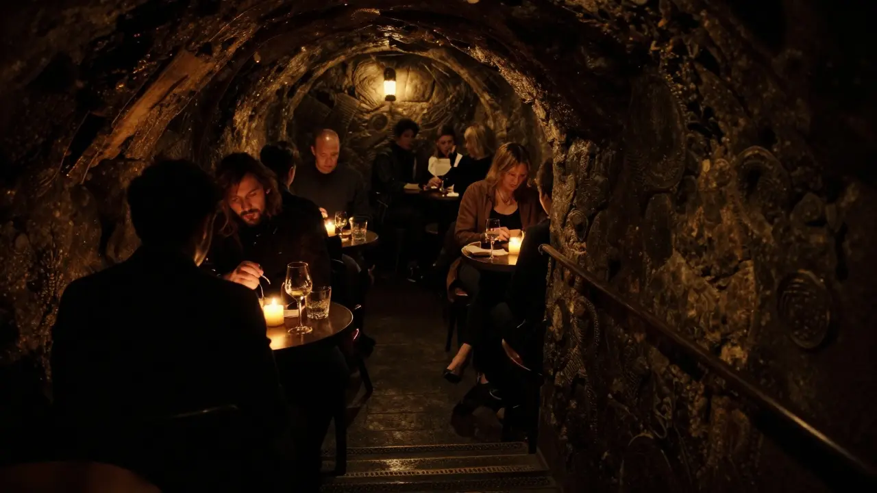 Hidden underground speakeasy with candles and a single glass of premium wine in dim light