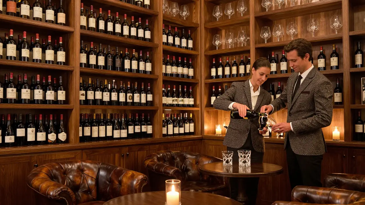 Luxurious wine library with wooden shelves and staff pouring rare vintage wine in candlelight