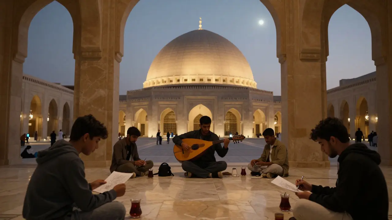 People quietly experiencing Arabic poetry and music under the Louvre Abu Dhabi dome at night.