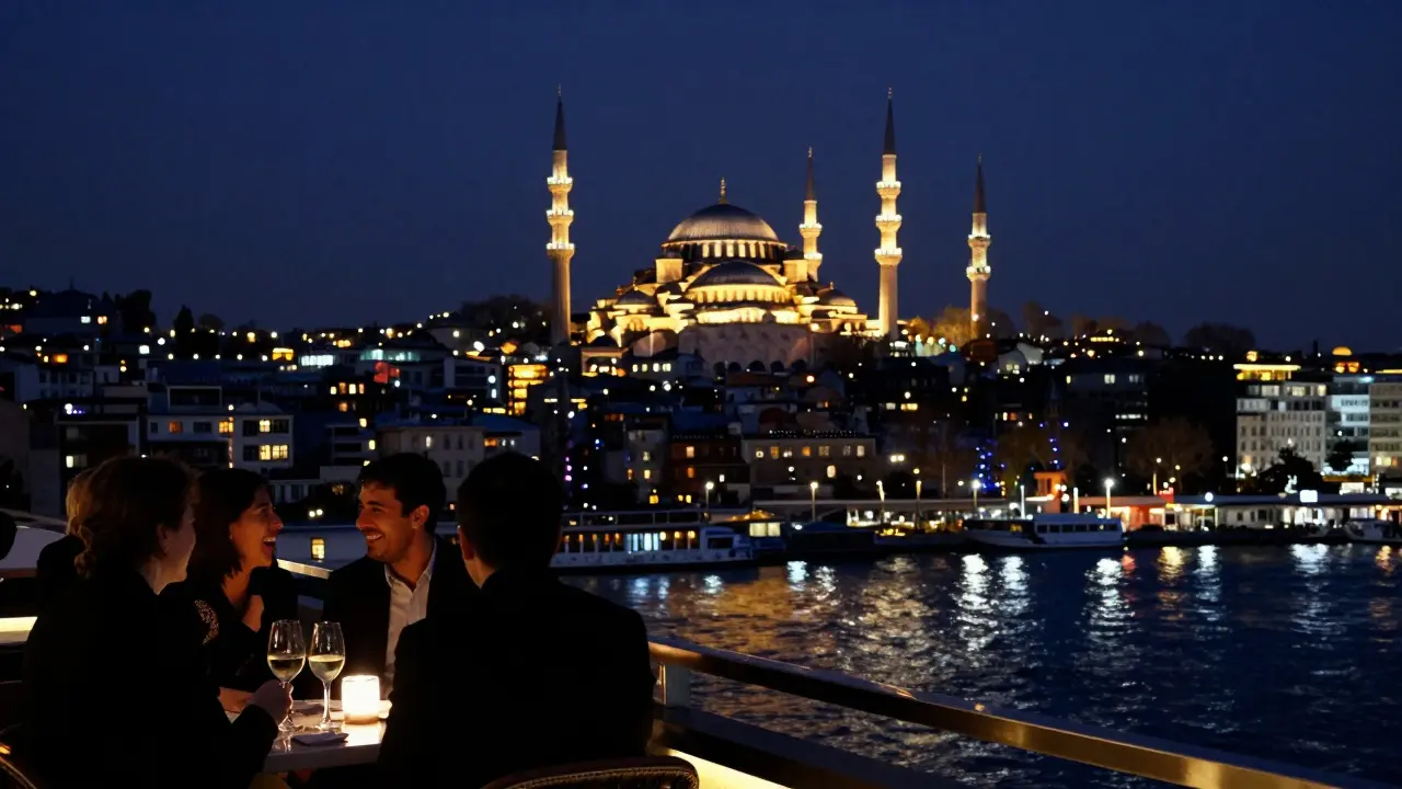 Rooftop bar view at night showing the Blue Mosque and Galata Tower glowing against a dark sky over the sparkling Bosphorus.