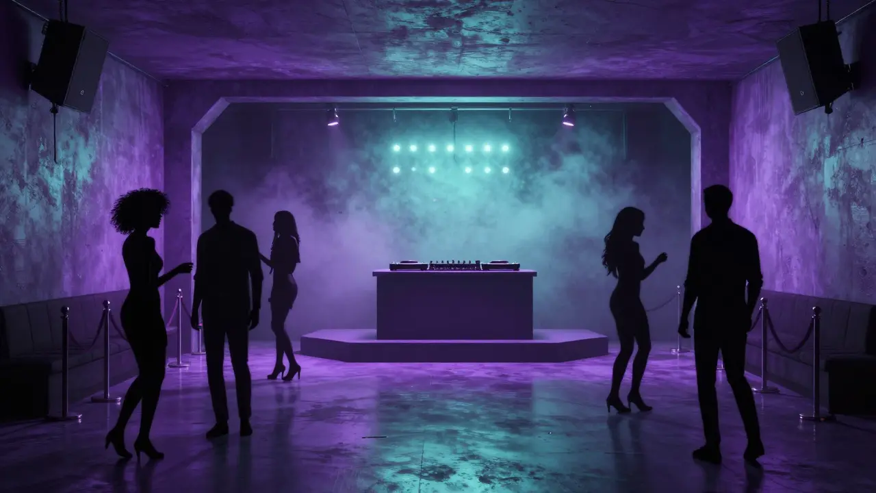Stylized 3D render of a VIP lounge with purple lighting and dancers.