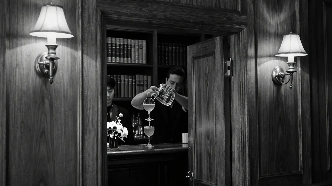 The Library Bar is a hidden speakeasy with walnut paneling, vintage lamps, and a bartender preparing a bespoke drink.
