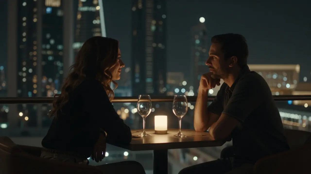 Two figures converse softly at a rooftop bar in Abu Dhabi, candlelight casting warm shadows as the city glows behind them in the evening.