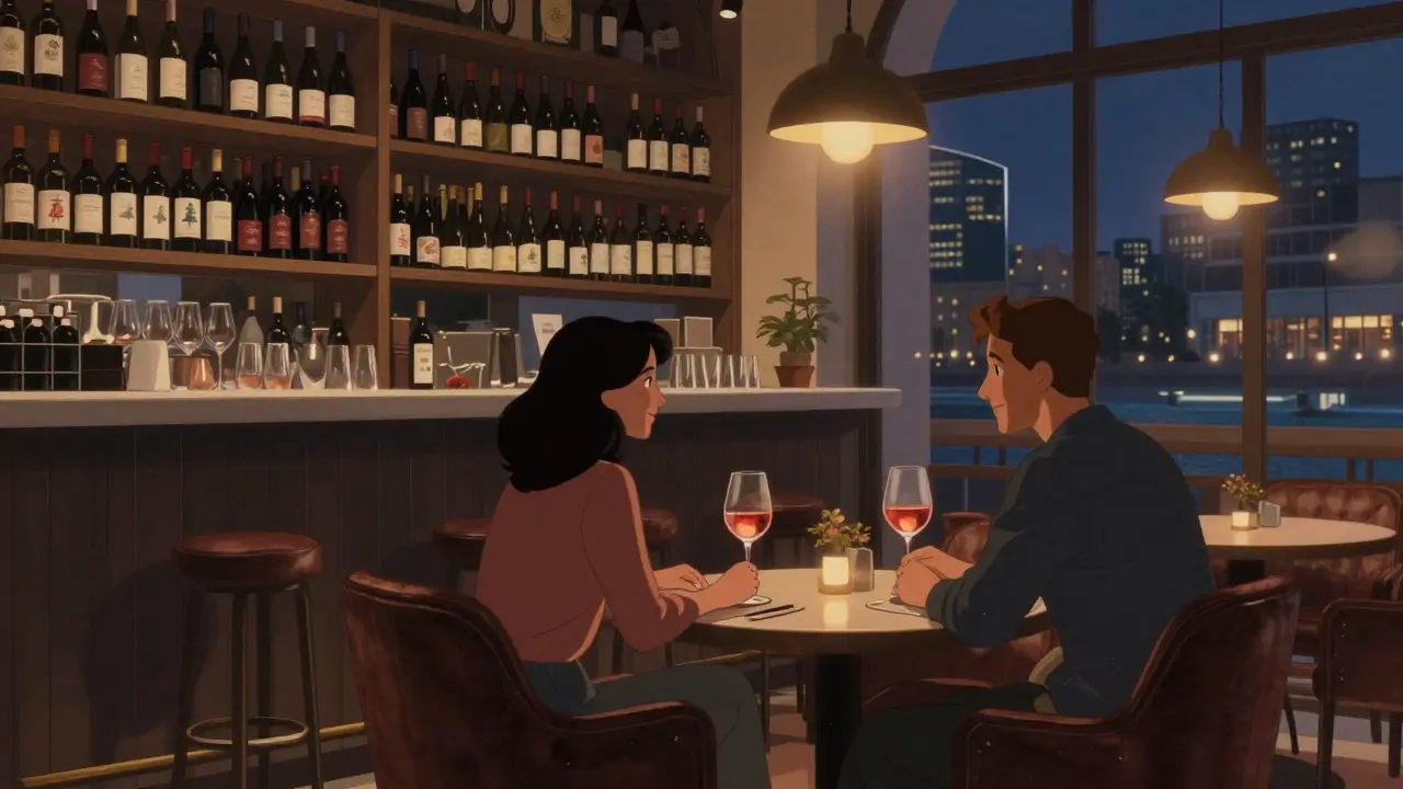 Two people sharing a glass of wine in a cozy, book-lined café after work.